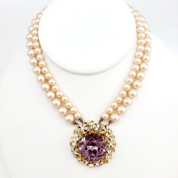 Vintage Double Strand Faux Pearl Choker Necklace Large Purple Glass Focal - Picture 1 of 8